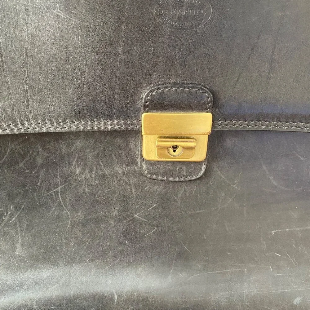 De‎ Martino Sorrento Black Leather Laptop School Briefcase Brass Hardware Italy